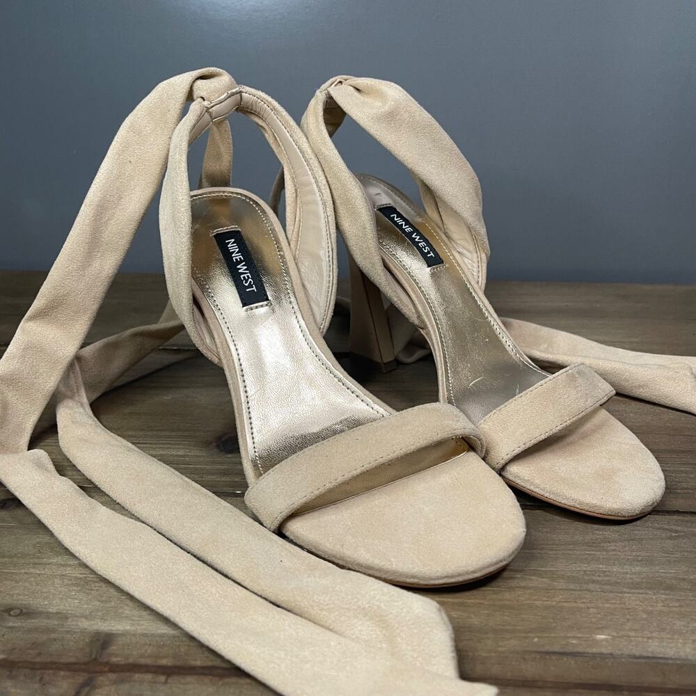Nine West Women's Kelsie Ankle Wrap Heeled Sandals Size 6 Beige Faux Suede